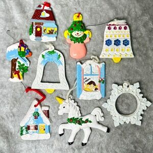 Vintage 1980s Handmade Christmas Ornaments Lot 9 Pc Plaster Houses Bell Unicorn